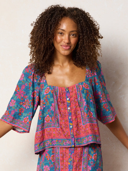 Kalli Top - Teal Boho Border Scarf