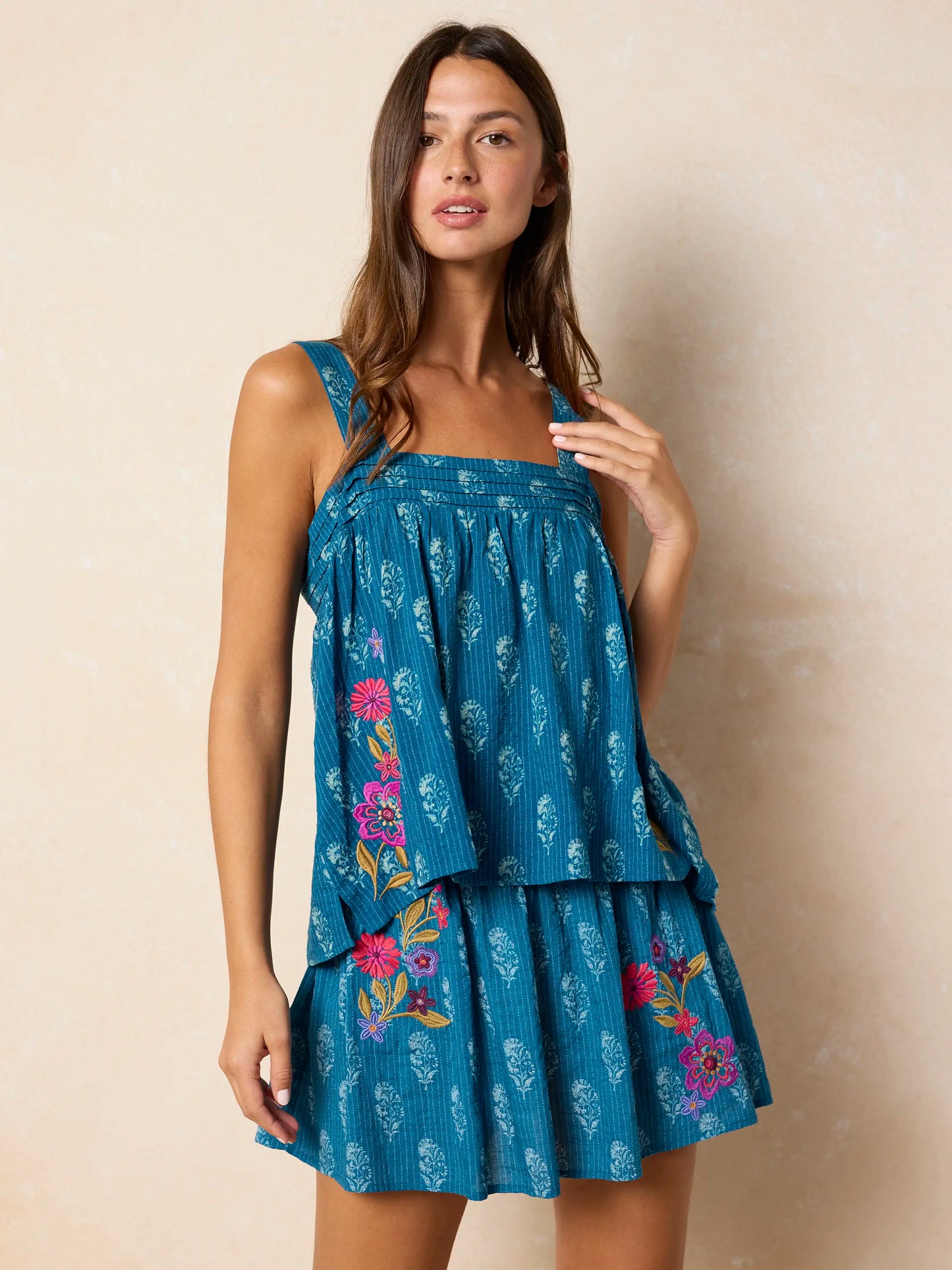 Embroidered Malia Mini Skirt - Block Stamp Indigo