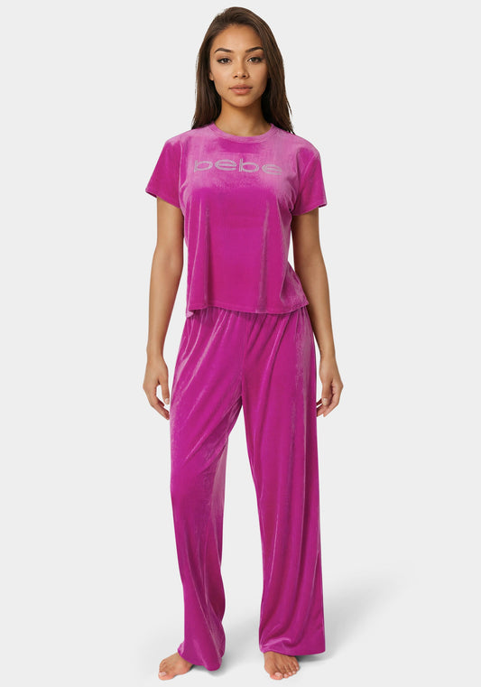 2pc Velour Ribbed Soft Rhinestone Lounge Set