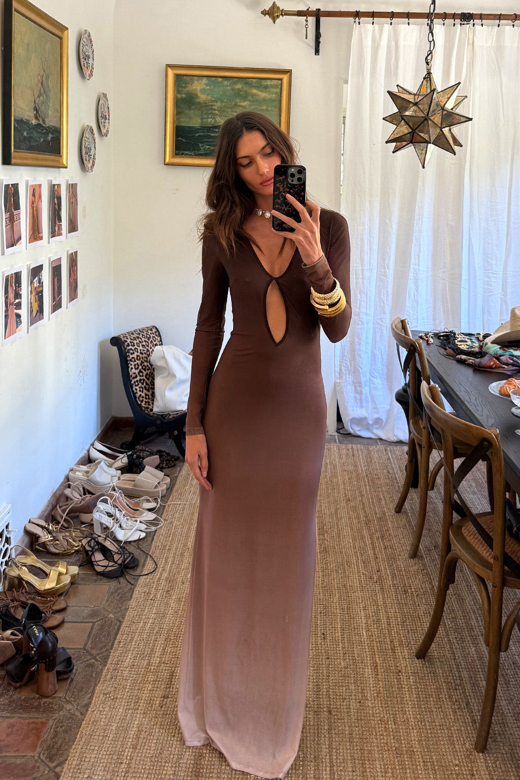 Salta Mocha Ombre Mesh Long Sleeve Maxi Dress