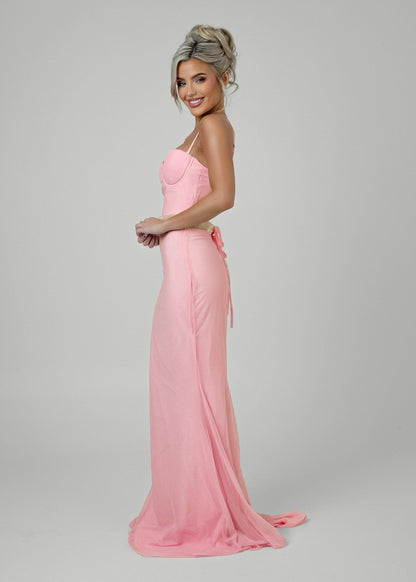Secret Love Glitter Mesh Gown with Diamante Belt - Pink