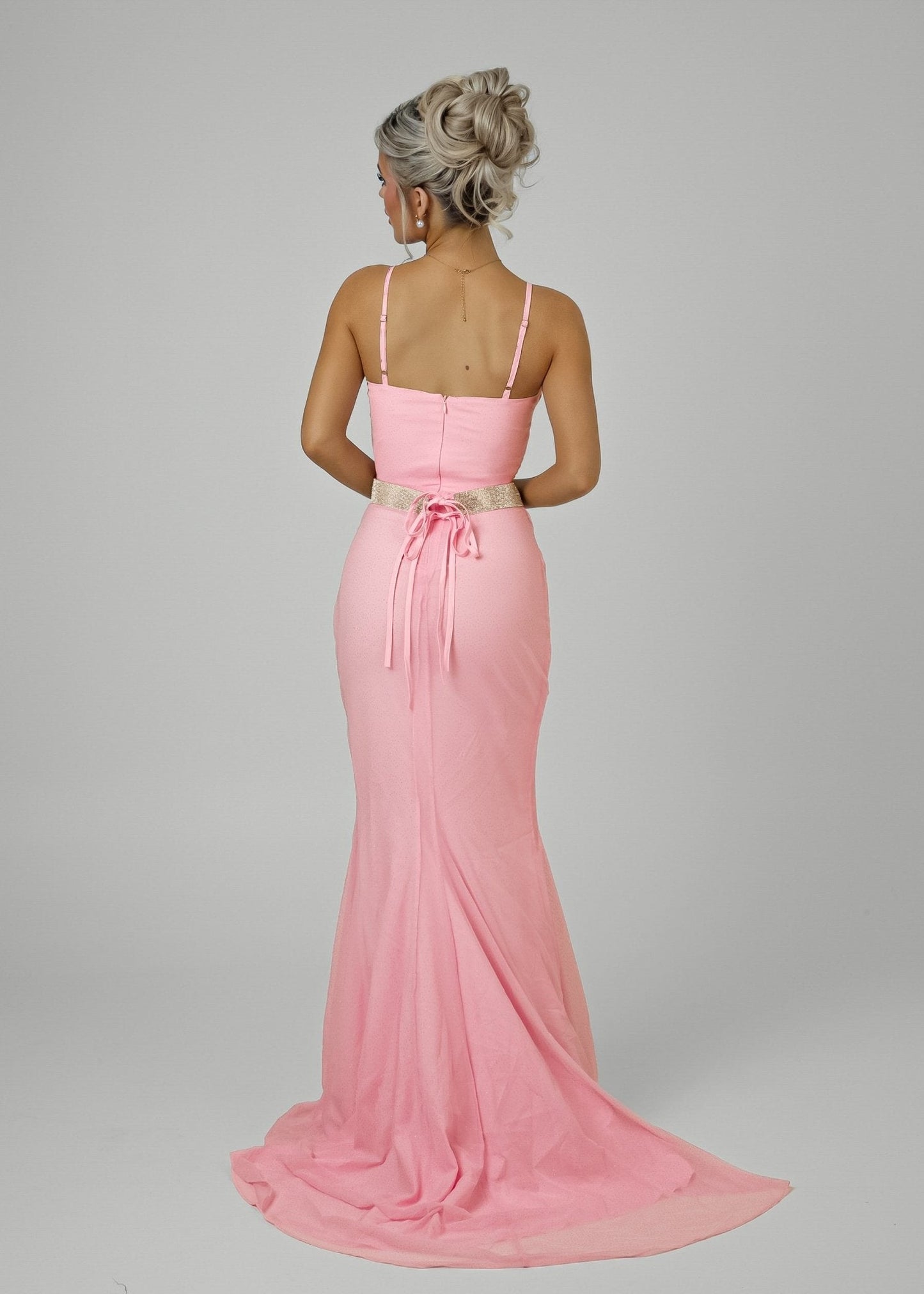 Secret Love Glitter Mesh Gown with Diamante Belt - Pink