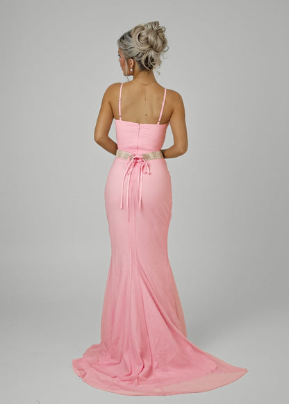Secret Love Glitter Mesh Gown with Diamante Belt - Pink