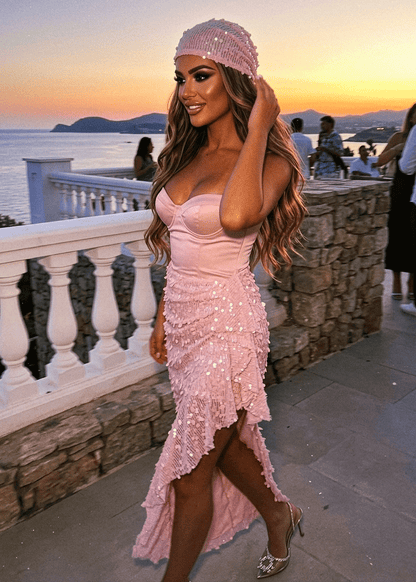 Soft Romance Corset Sequin Skirt Maxi Dress - Pink