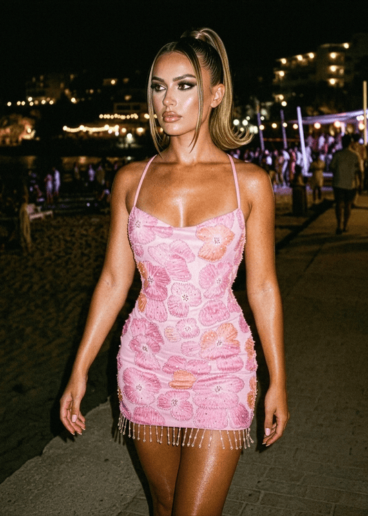 Sunset Secrets Embellished Diamante Tassel Mini Dress - Pink