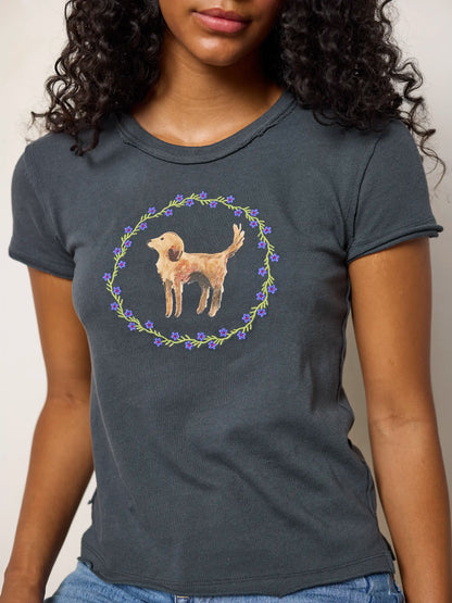 Printed Embroidered Cotton Baby Tee - Dog