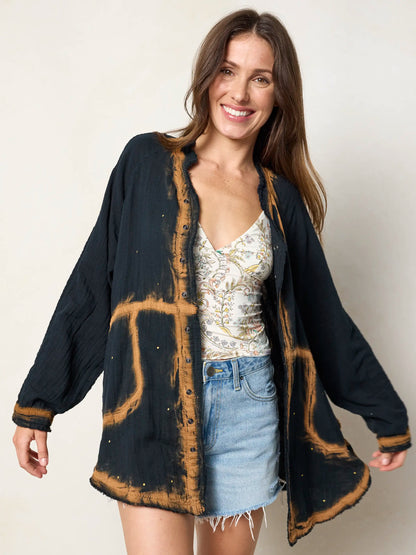 Laid Back Cotton Button Down Top - Black Heart