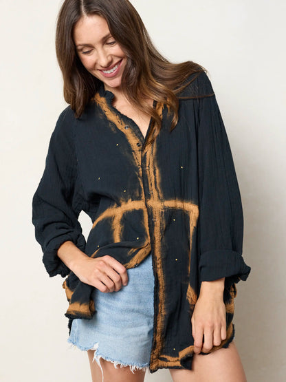Laid Back Cotton Button Down Top - Black Heart