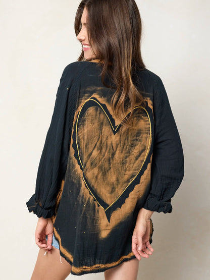 Laid Back Cotton Button Down Top - Black Heart