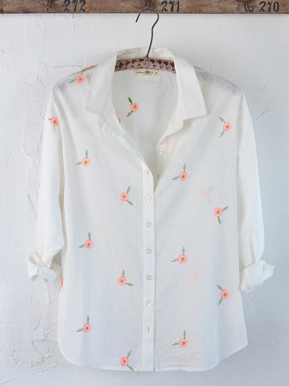 Barcelona Embroidered Cotton Button Down - White Floral
