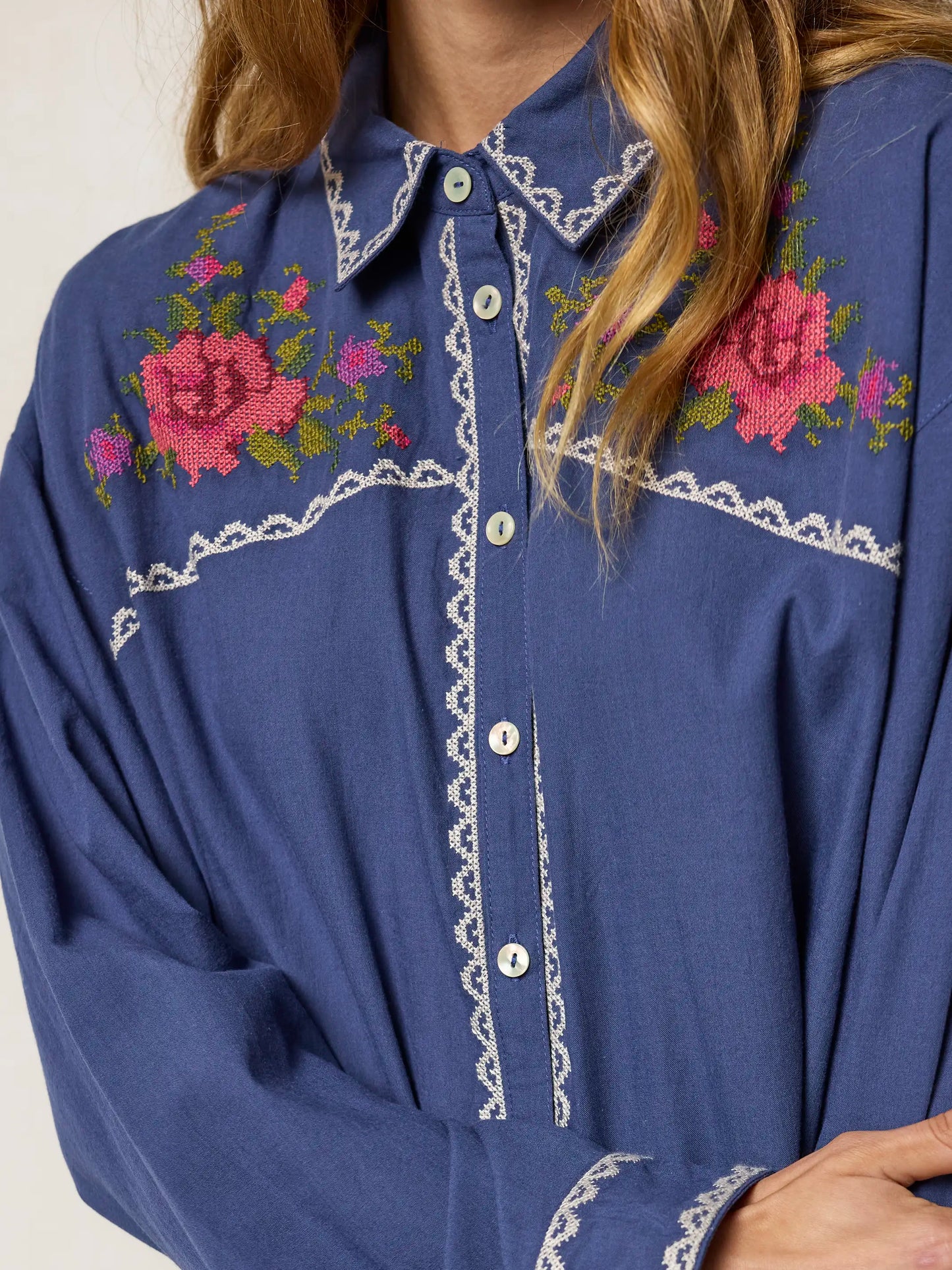 Round Top Embroidered Button Down - Indigo