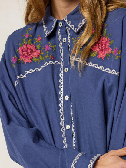 Round Top Embroidered Button Down - Indigo