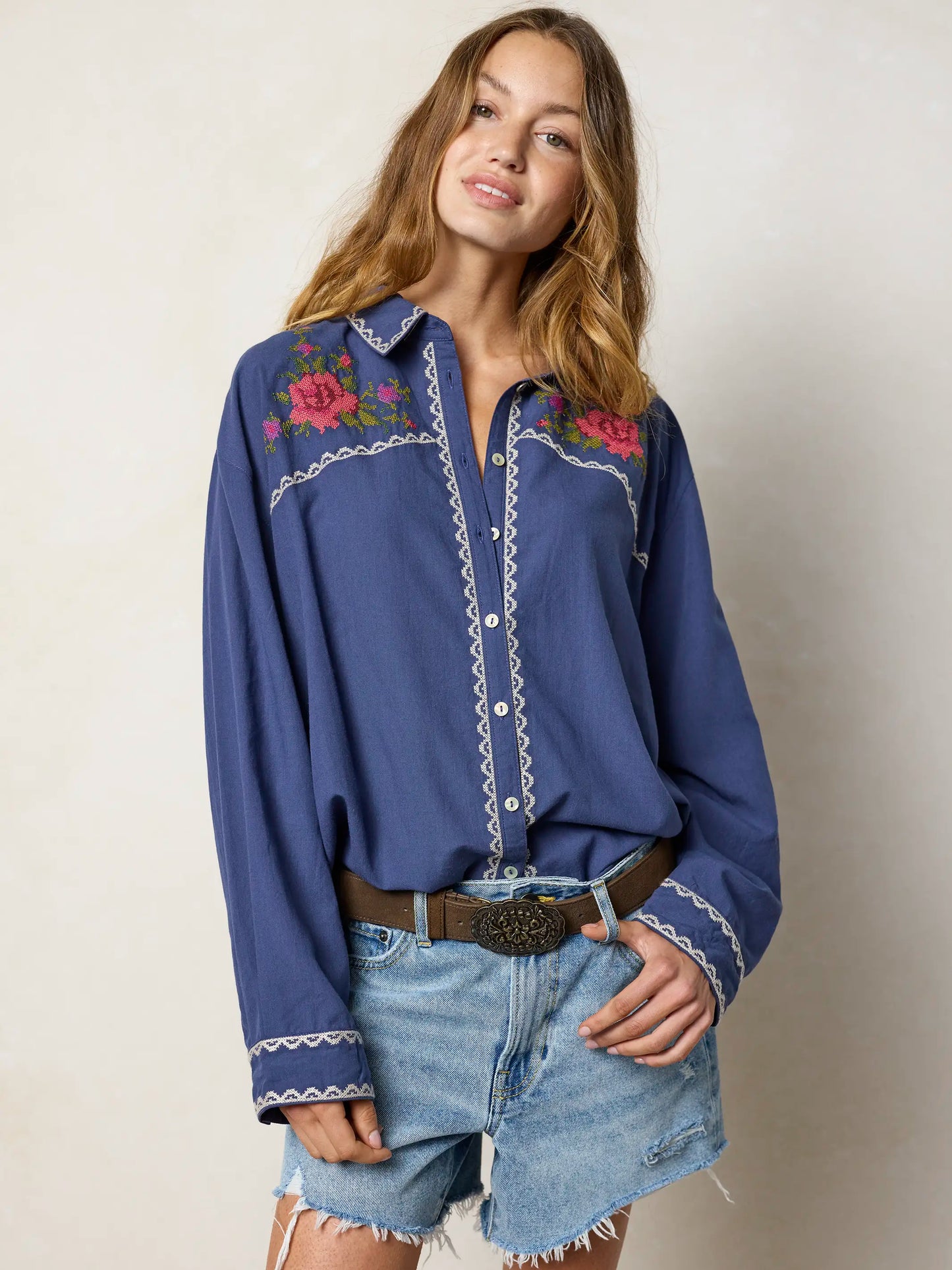 Round Top Embroidered Button Down - Indigo