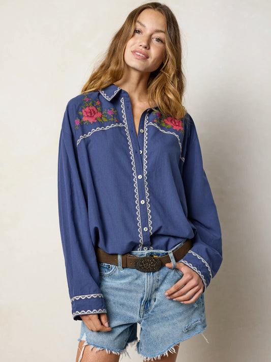 Round Top Embroidered Button Down - Indigo