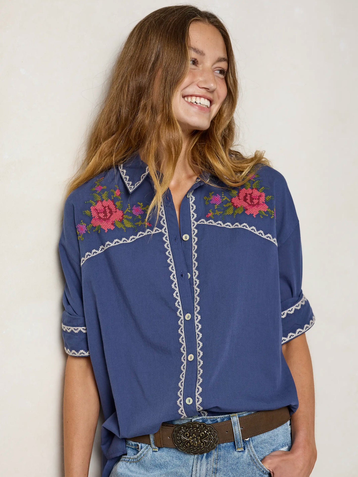 Round Top Embroidered Button Down - Indigo