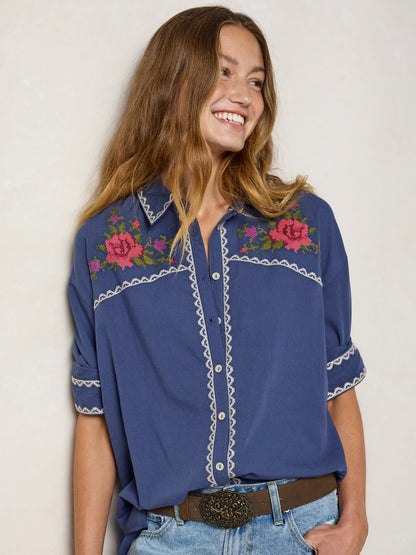 Round Top Embroidered Button Down - Indigo