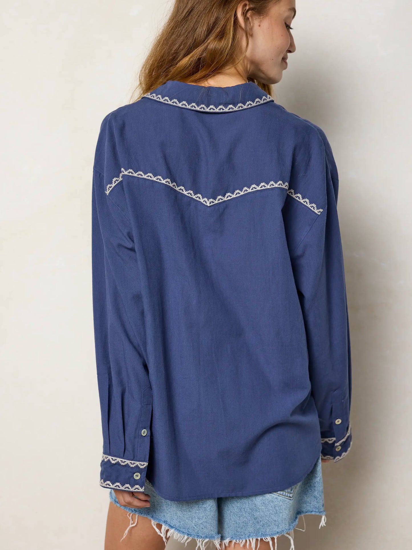 Round Top Embroidered Button Down - Indigo
