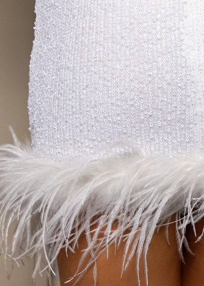 Untamed Aura Sequin Feather Mini Dress - White