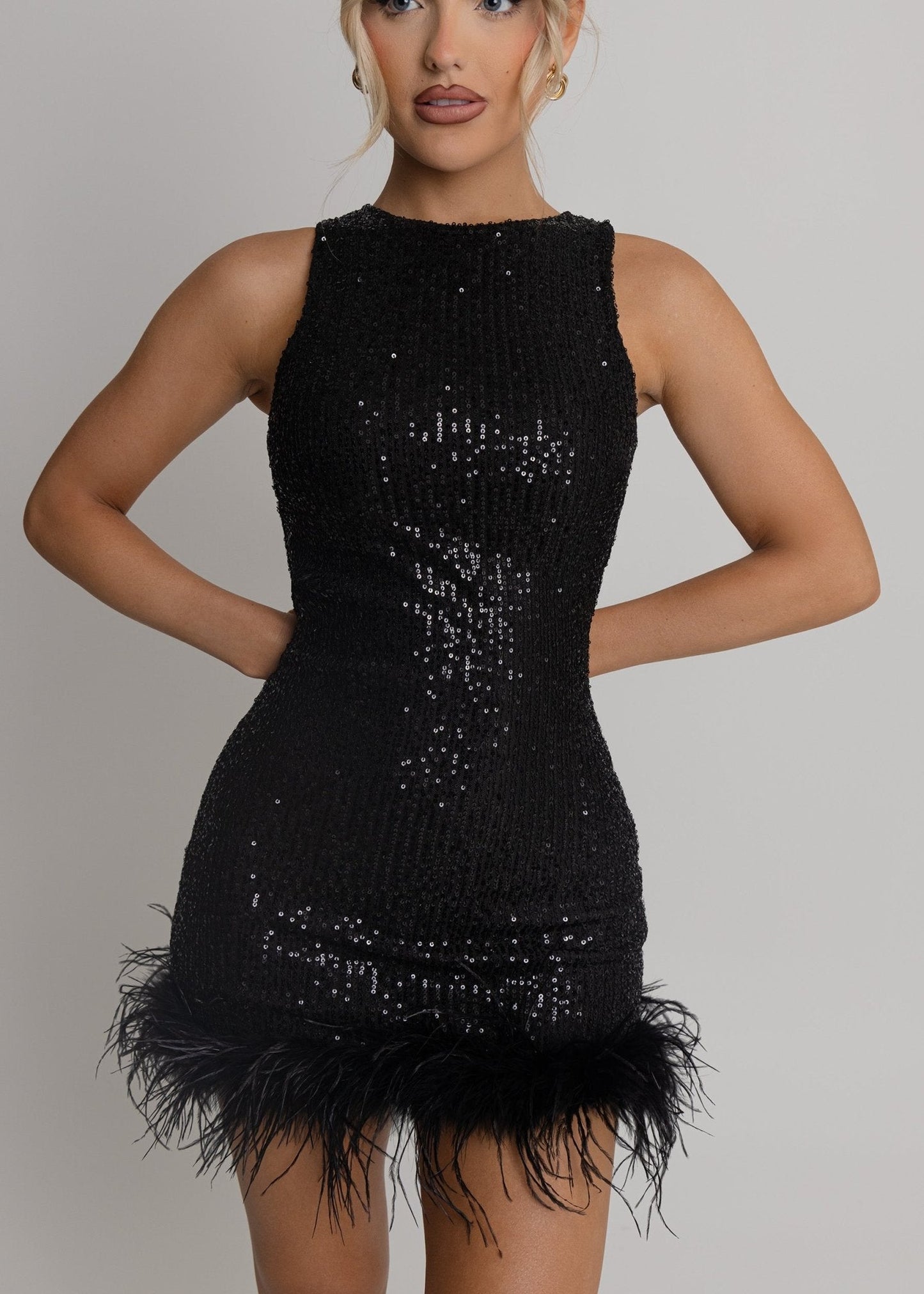 Untamed Aura Feather Detail Mini Dress - Black