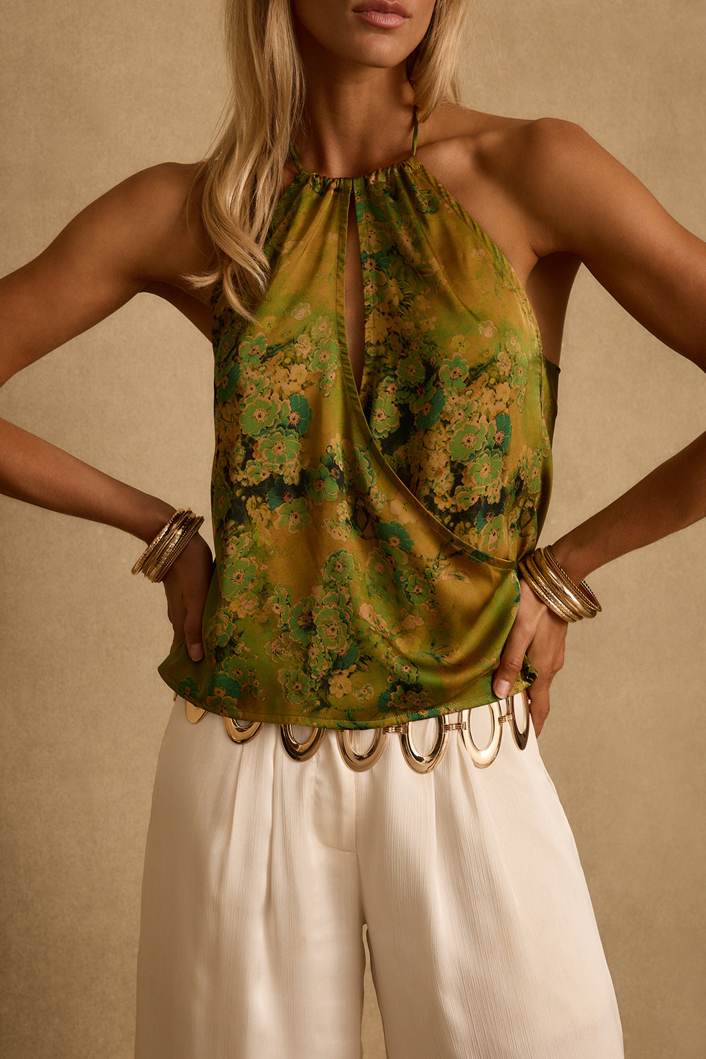 Wild Hibiscus Chartreuse Halter Top