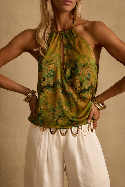 Wild Hibiscus Chartreuse Halter Top