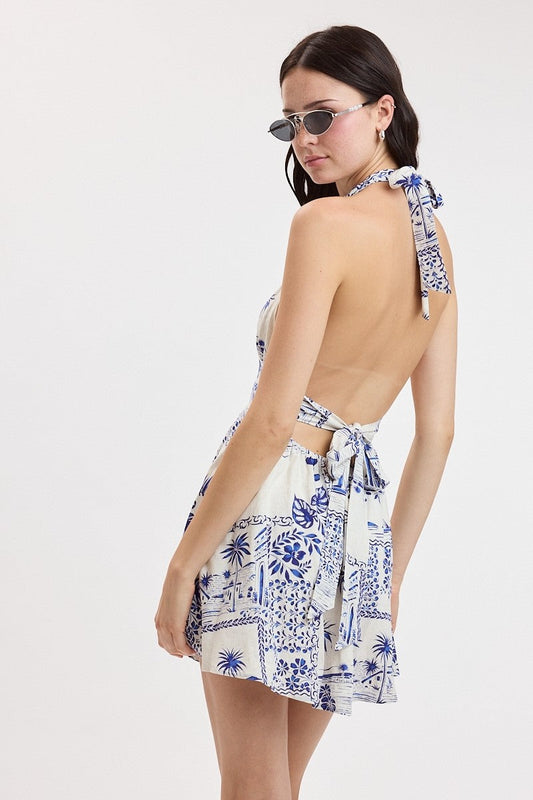 Nylah Sleeveless Halter Vintage Palm Print Mini Dress Blue