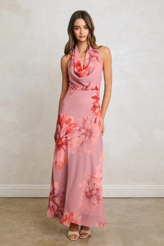 Caitlin Sleeveless Halter Open Back Floral Print Maxi Dress Pink