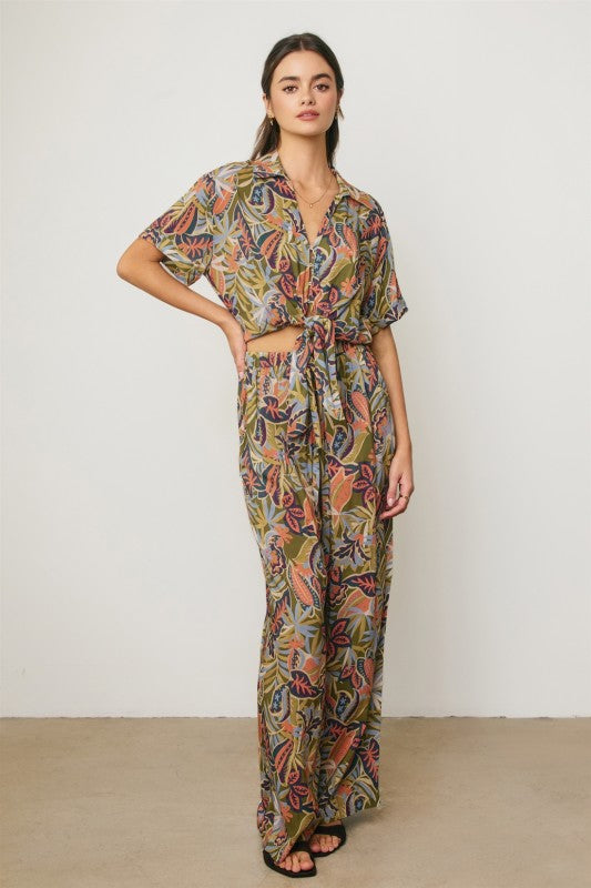 Elaine High Waist Wide Leg Tropical Print Pants Green