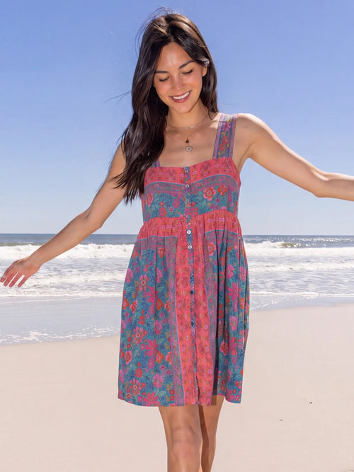 Lucy Mini Dress - Teal Boho Border Scarf