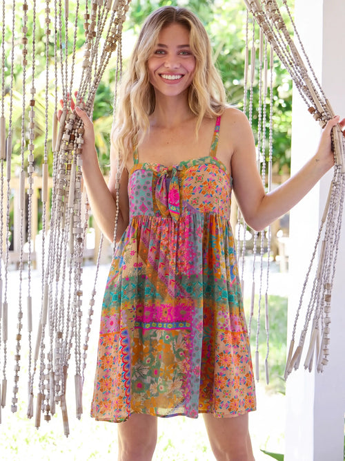 Patti Tie-Front Mini Dress - Folk Flower Patchwork