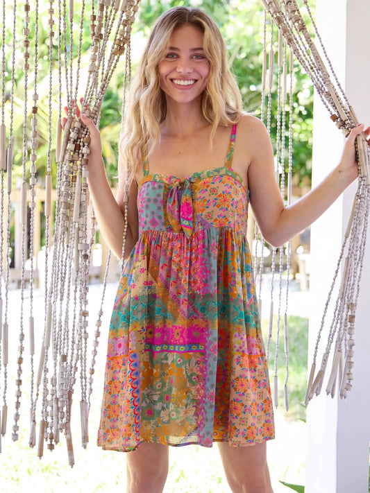 Patti Tie-Front Mini Dress - Folk Flower Patchwork