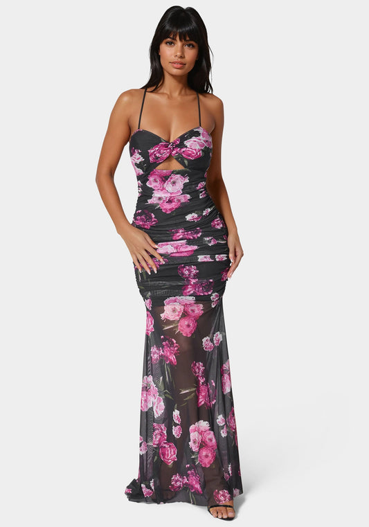 Twist Front Mermaid Mesh Gown