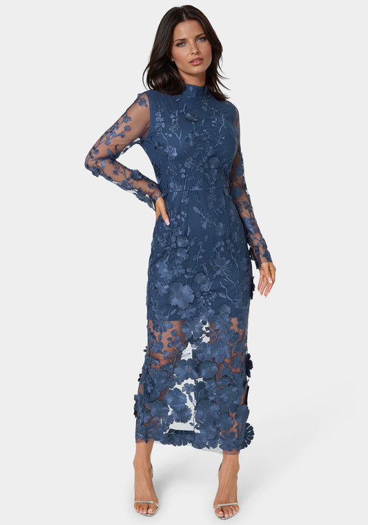 3D Floral Mockneck Midi Dress
