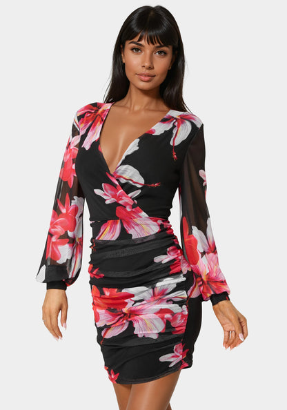 Long Sleeve Ruched Mesh Mini Dress