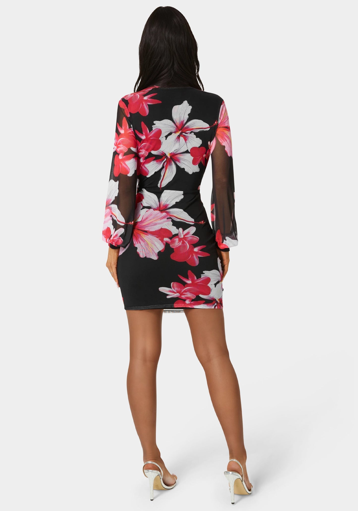 Long Sleeve Ruched Mesh Mini Dress