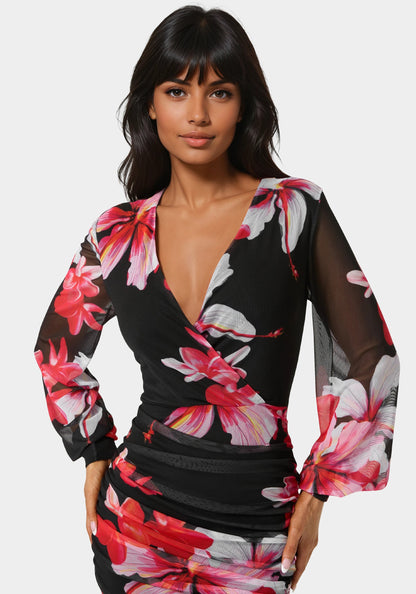 Long Sleeve Ruched Mesh Mini Dress