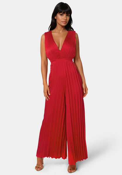 Bare Deep V Pleated Satin Jumpsuit