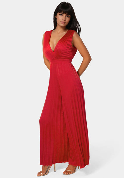 Bare Deep V Pleated Satin Jumpsuit