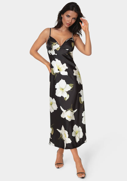Printed Satin V-Neck Maxi Dress