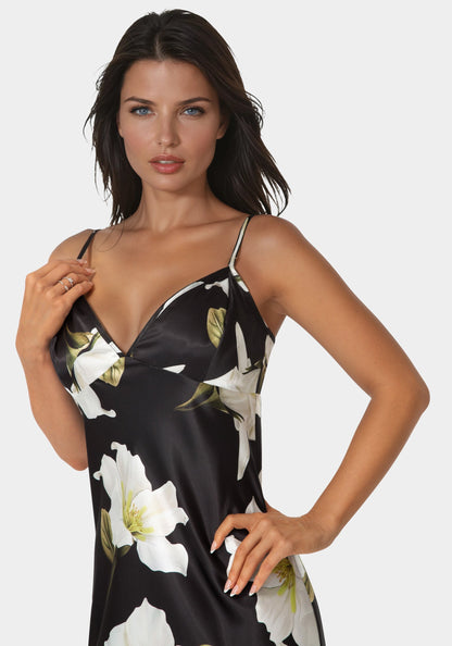Printed Satin V-Neck Maxi Dress