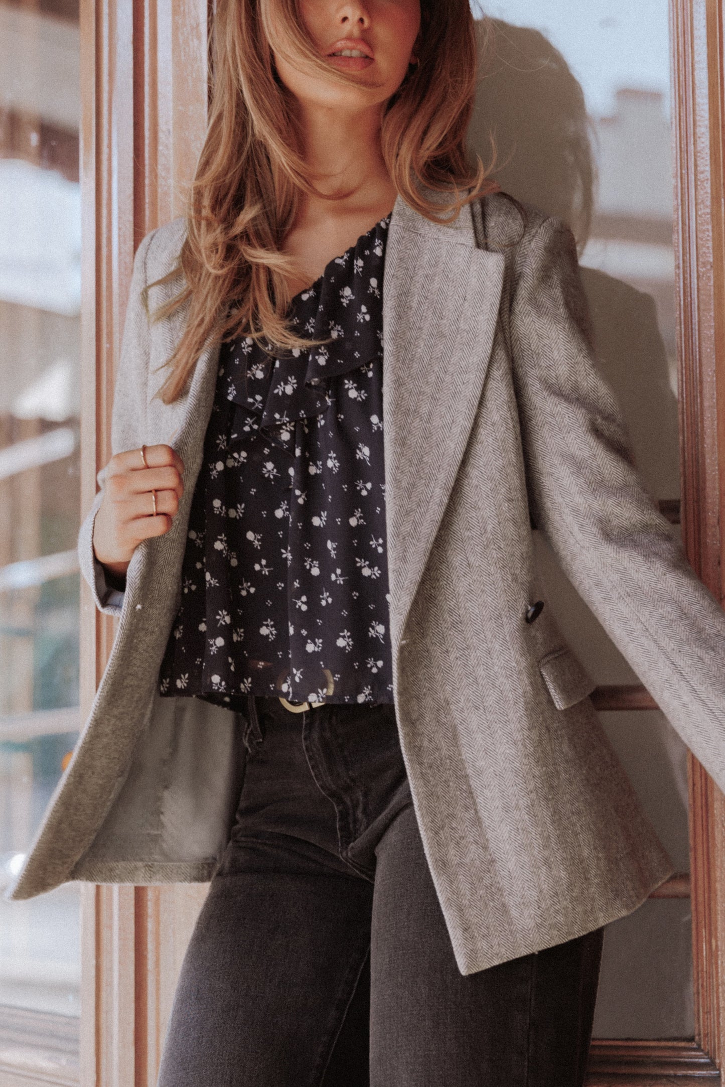 Brookes Double Breasted Blazer - Grey Houndstooth