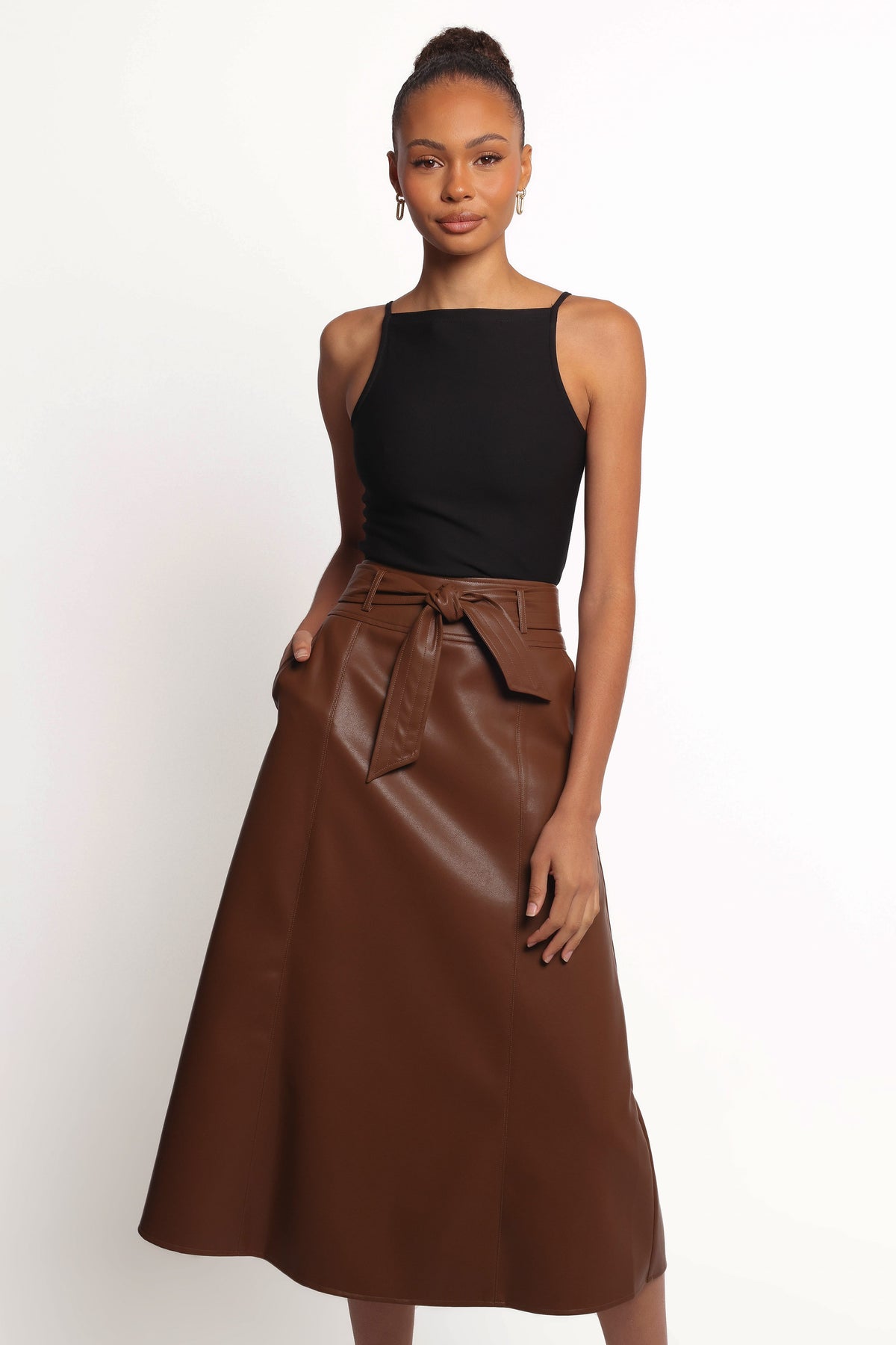 Adaline Faux Leather Midi Skirt - Brown