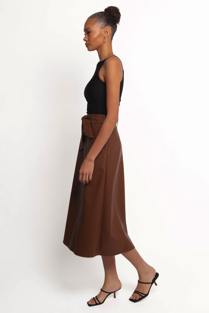 Adaline Faux Leather Midi Skirt - Brown