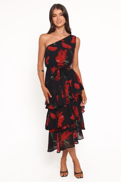 Brigette One Shoulder Tiered Midi Dress - Red Floral