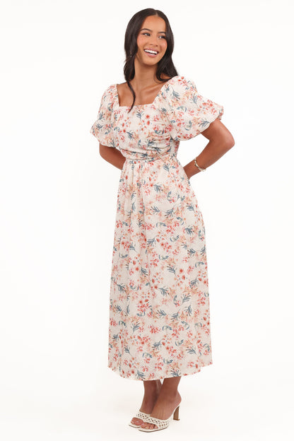 Clo Puff Sleeve Midi Dress - Ivory Floral