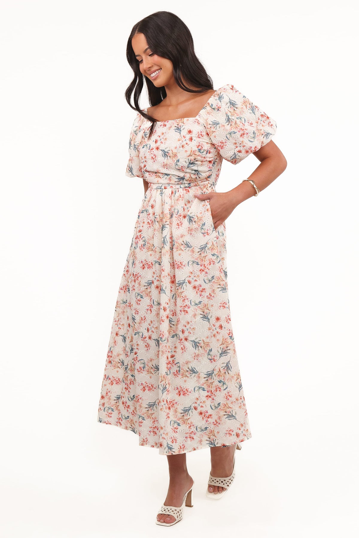 Clo Puff Sleeve Midi Dress - Ivory Floral