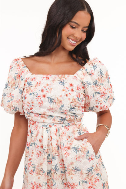 Clo Puff Sleeve Midi Dress - Ivory Floral