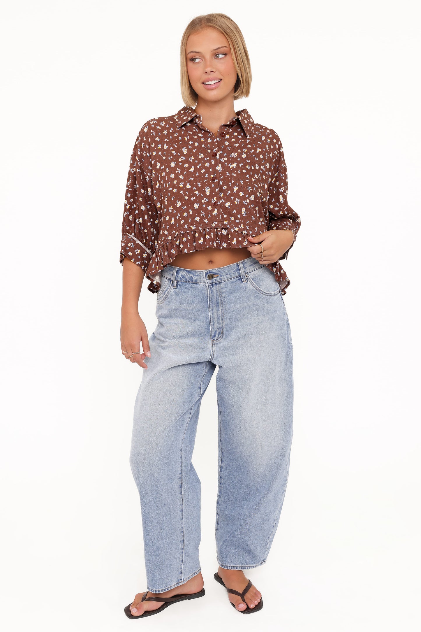 Ashe Cropped Button Up Top - Brown Floral