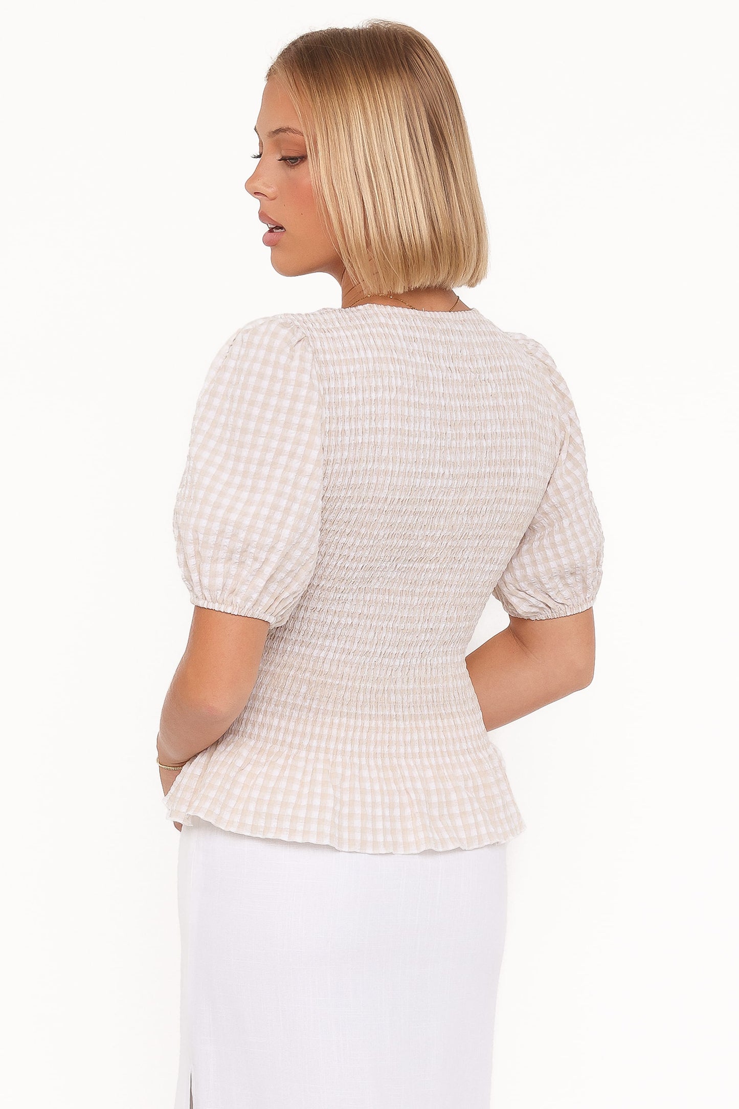 Callista Shirred Waist Top - Beige Gingham