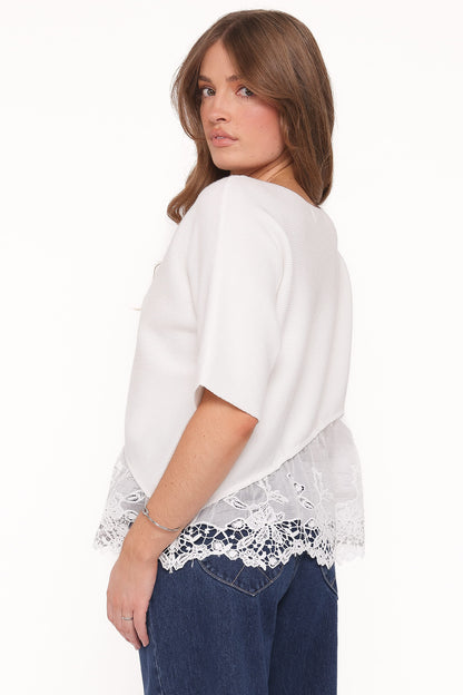 Chase Lace Hem Ribbed Top - Ivory